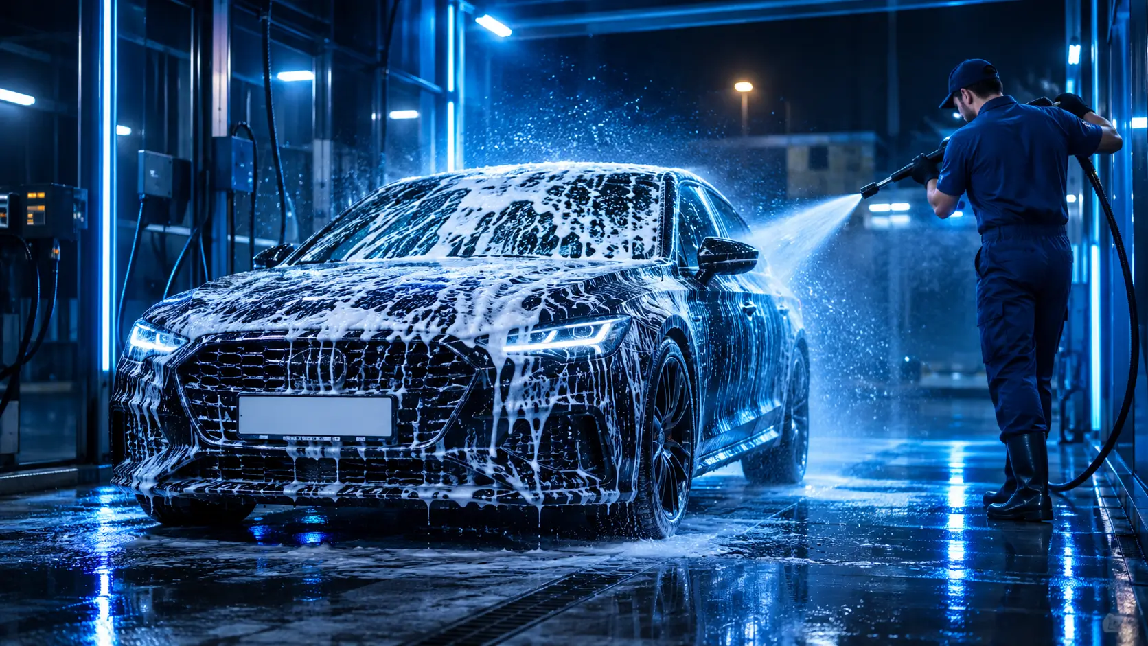 کارواش مدرن با خودروی در حال شستوشو، کف و نور ملایم و تبلت نمایشدهنده نوبتدهی آنلاین