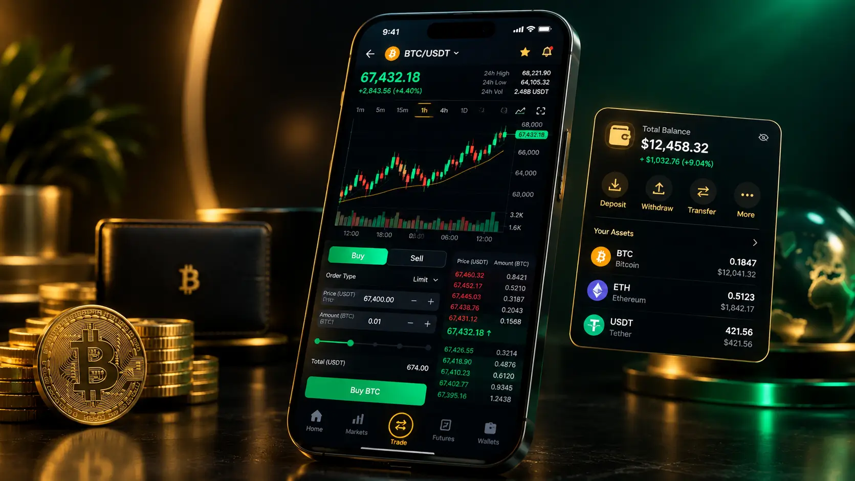 اپلیکیشن موبایل معاملات صرافی ارز دیجیتال با نمودار زنده