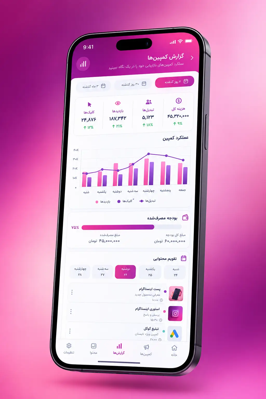 اپلیکیشن مدیریت آژانس تبلیغاتی با صفحه داشبورد گزارش زنده کمپین، تقویم محتوایی و تسک تیم خلاق