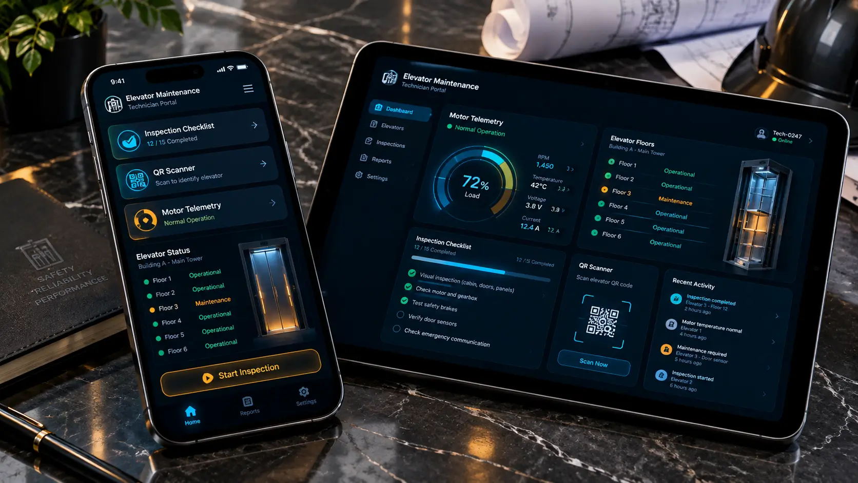 اپلیکیشن موبایل مدیریت تکنسین آسانسور و وبسایت محاسبه آنلاین پکیج و سرویس ماهانه