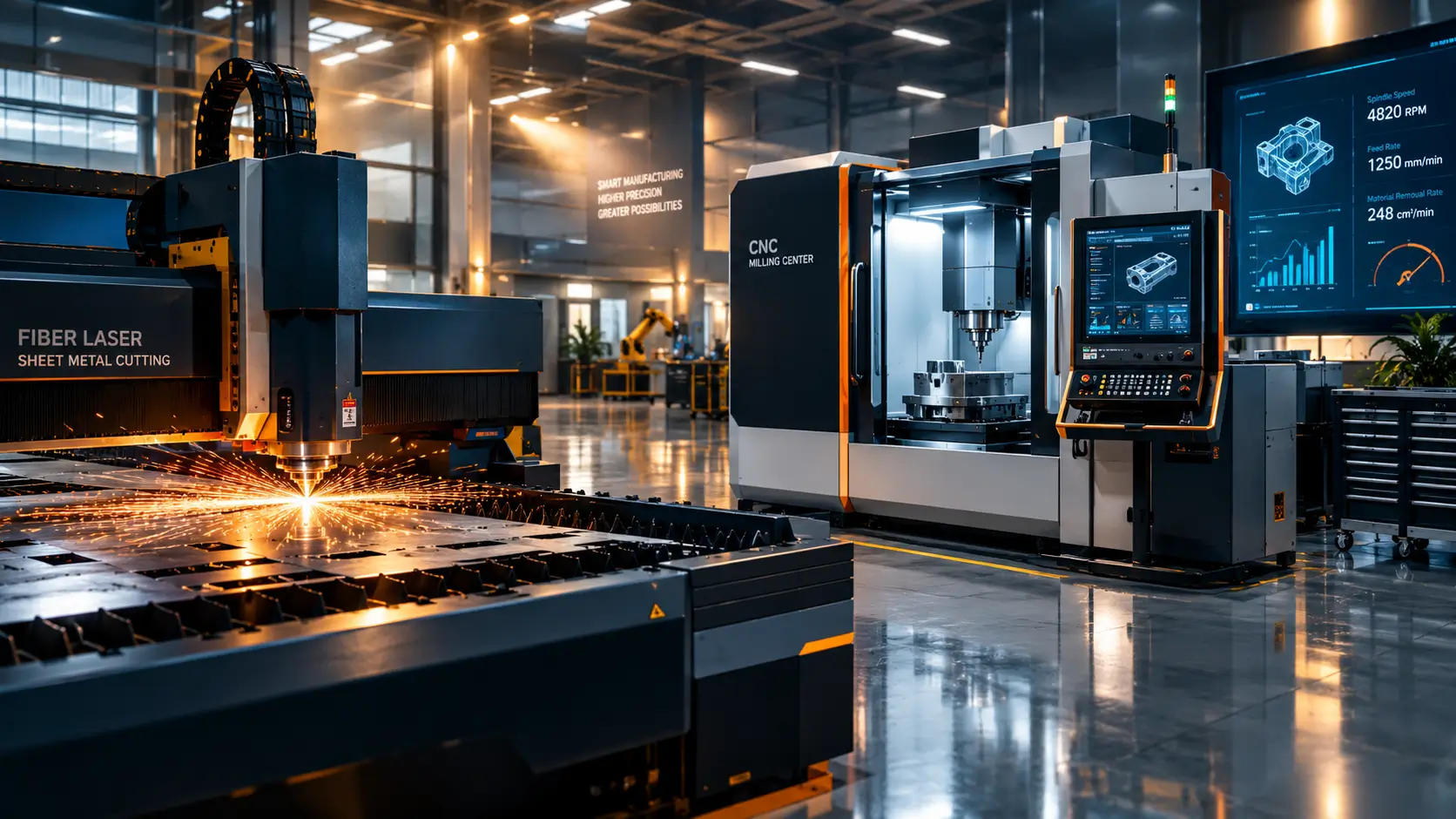 شوروم مدرن ماشین آلات صنعتی، دستگاه برش لیزر فایبر با جرقههای پرفشار و مرکز فرز CNC