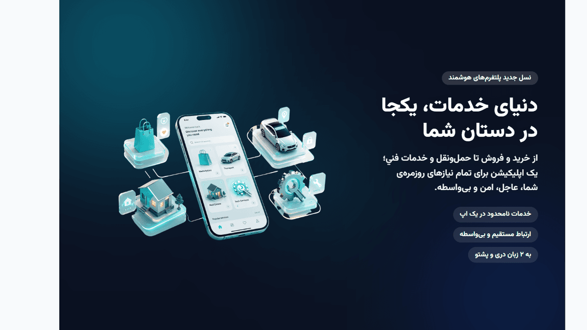 نمایی از سوپراپلیکیشن یکجا که خرید و فروش، درخواست راننده، خدمات فنی و املاک را در یک اپلیکیشن دوزبانه کنار هم قرار میدهد.