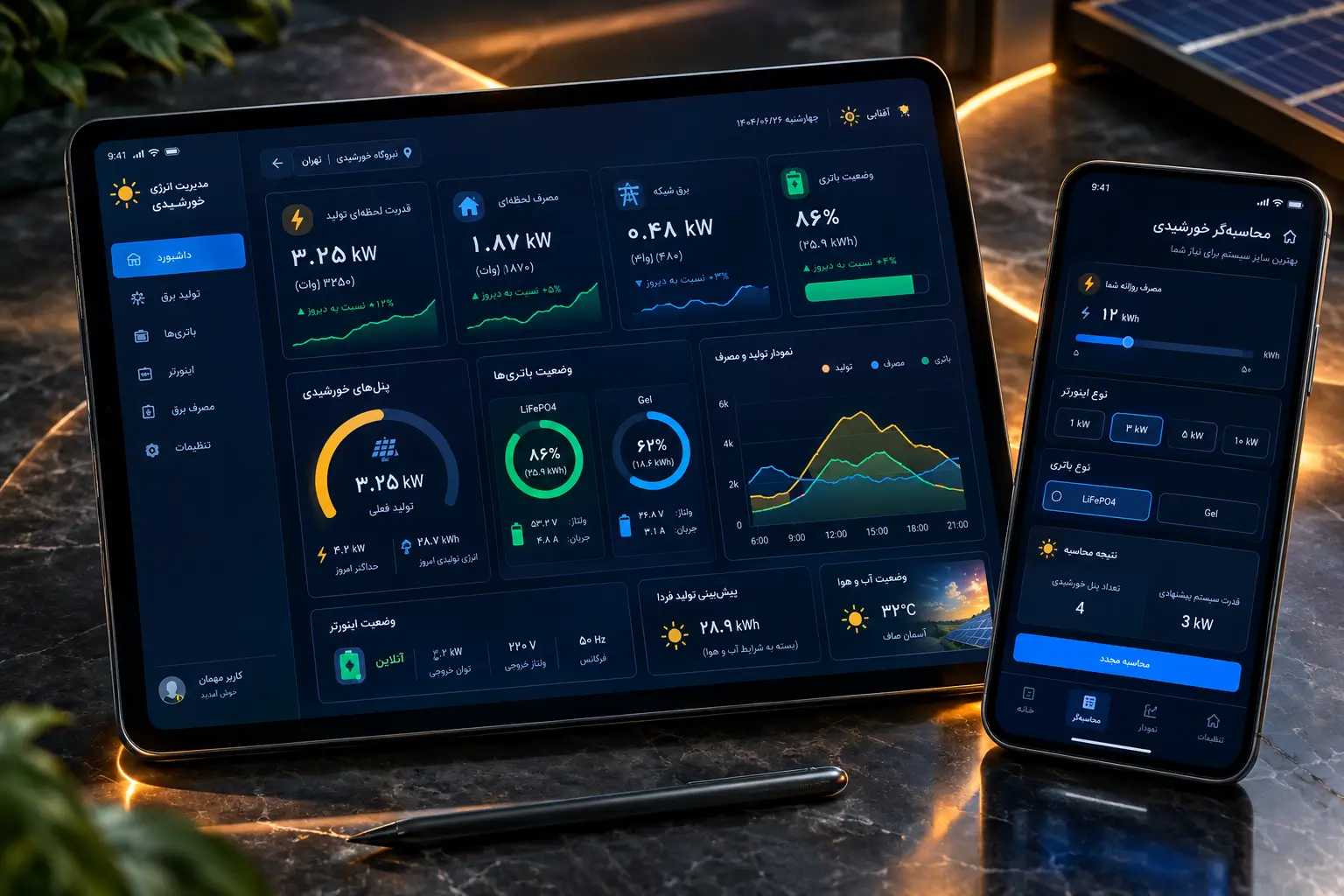 اپلیکیشن موبایل مدیریت نصابان خورشیدی و سایت محاسبه آنلاین پکیج و باتری های خورشیدی