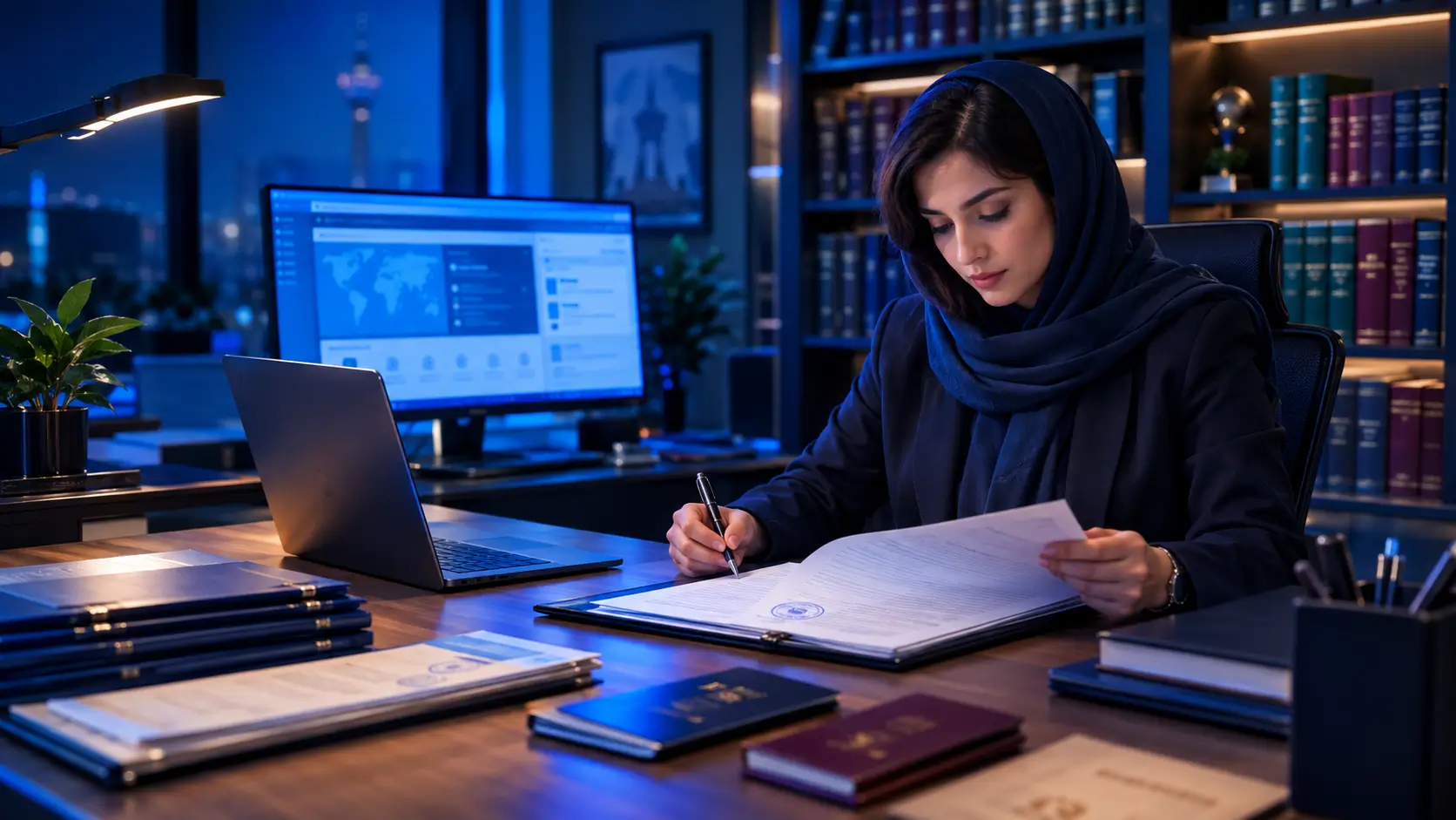 میز کار مدرن دفتر ترجمه رسمی با مترجم، اسناد و لپتاپ نمایشدهنده سامانه سفارش آنلاین ترجمه